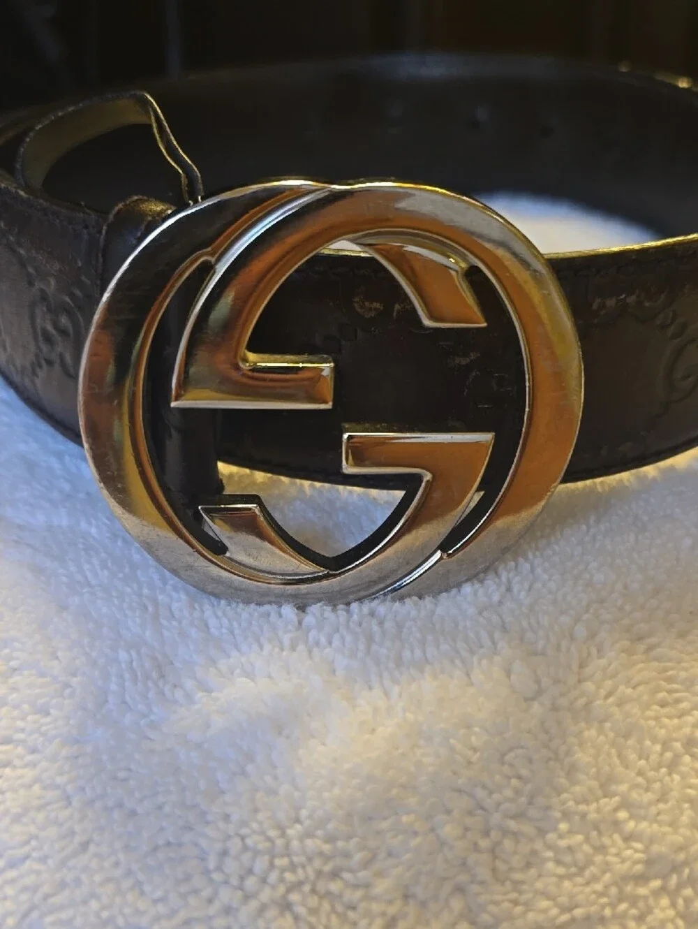 Gucci GG Brown Embossed Leather Belt with Gold Interlocking G Buckle 95/36
